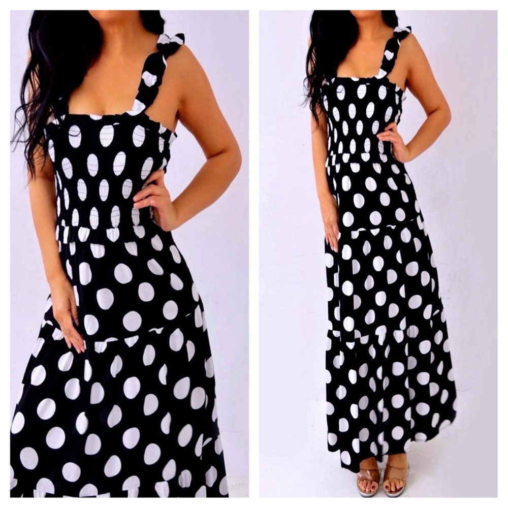 Elegant Black and White Polka Dot Maxi Dress